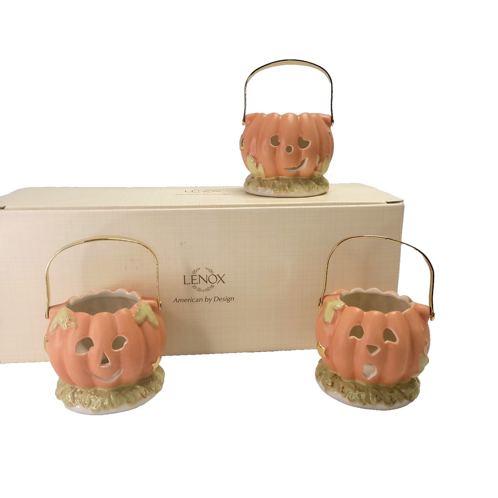 fall pumpkin jack-o-lantern Lenox votive set Halloween $70 porcelain ceramic